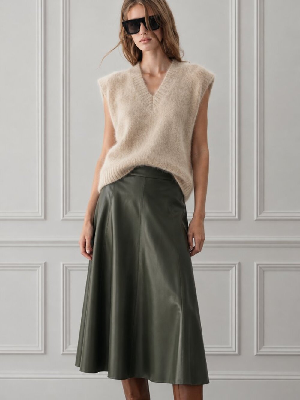 ZARA Green Faux Leather Belted A-Line Midi Skirt Size S